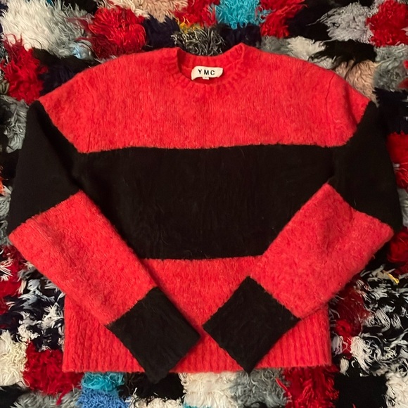 YMC nubby wool Red Black Stripe sweater S - Picture 1 of 6
